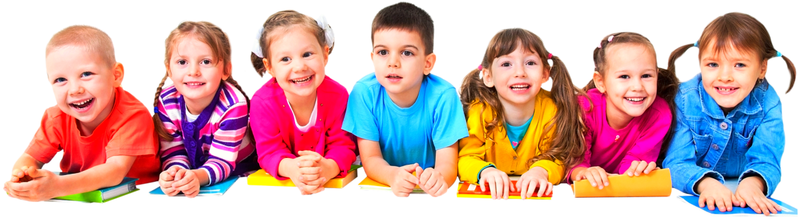 Six smiling children lying on their stomachs, resting their chins on their hands against a white background