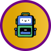 Cartoon robot icon in a blue backpack on a yellow circle with a purple border
