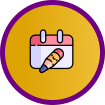 Pink calendar with a pencil icon on a yellow circle background, outlined in purple