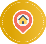 Yellow map pin with a house icon inside a pink circle and dotted border