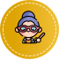 Cartoon face with glasses and blue hat on a yellow circular background