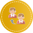 Two people with speech bubbles on a yellow circular background