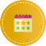 Yellow circular badge with a pink and green calendar icon in the center