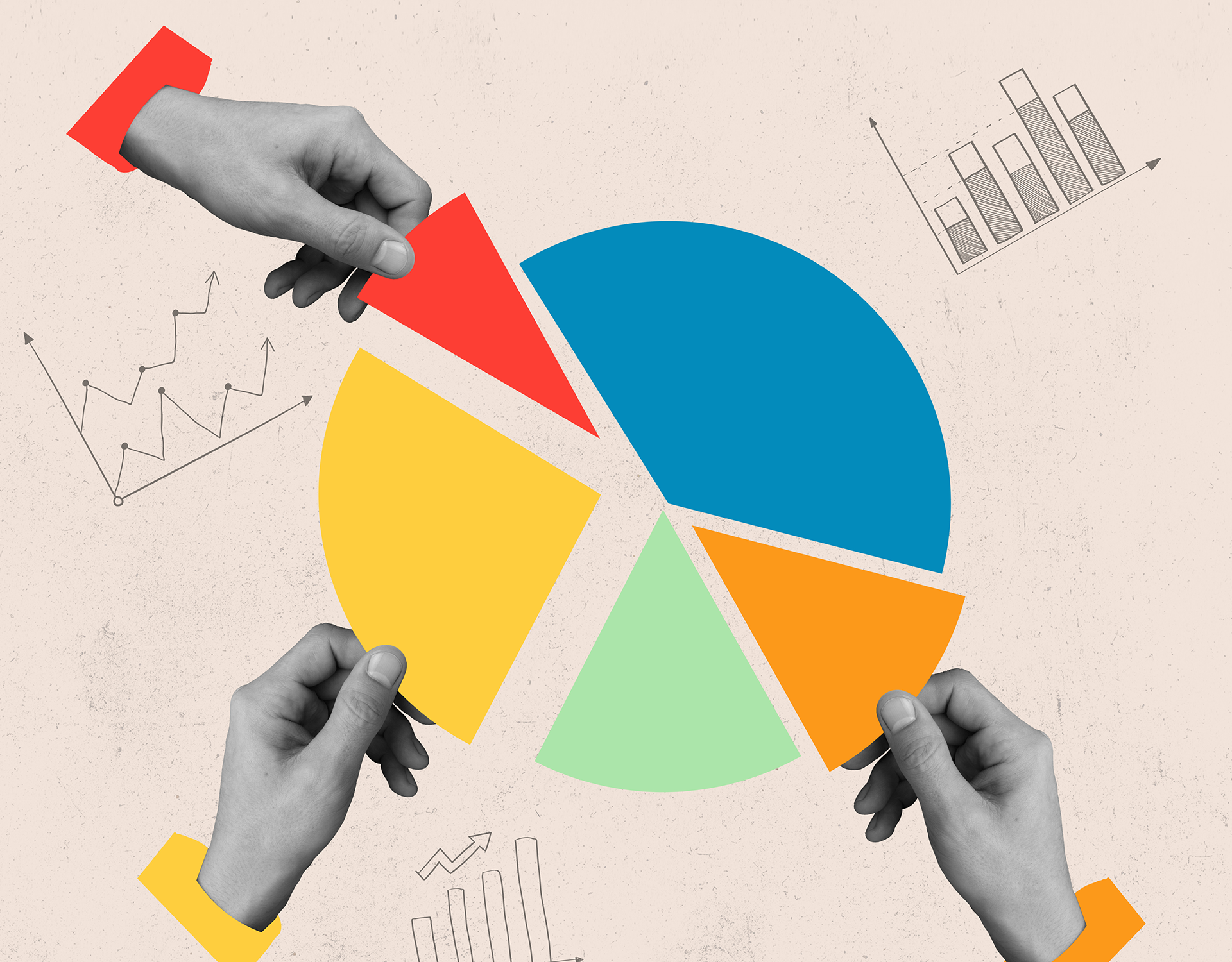 Hands pulling out parts of a pie chart.
