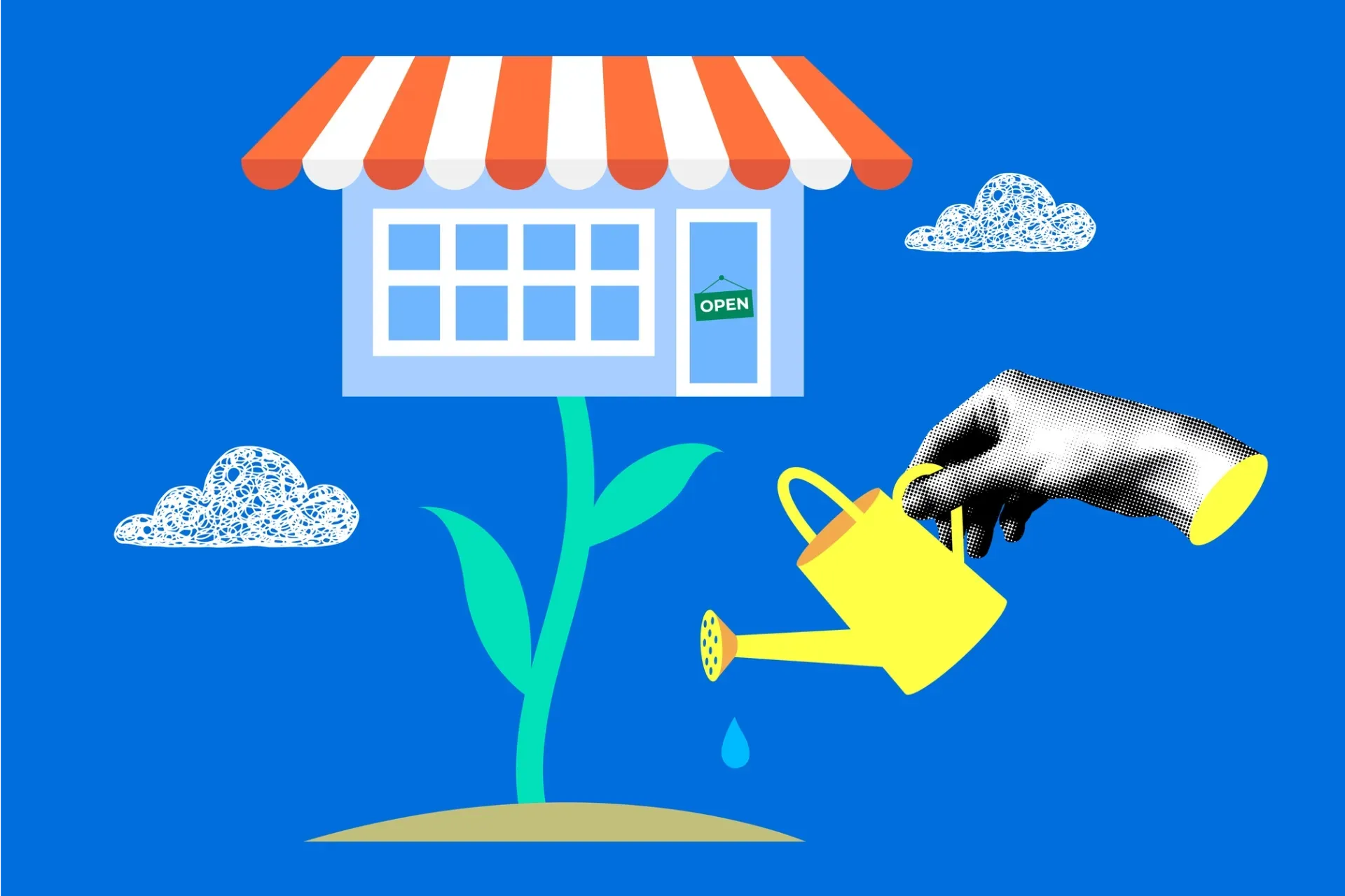 Cartoon of a hand watering a plant that has a store on top for the concept of commerce and payback.