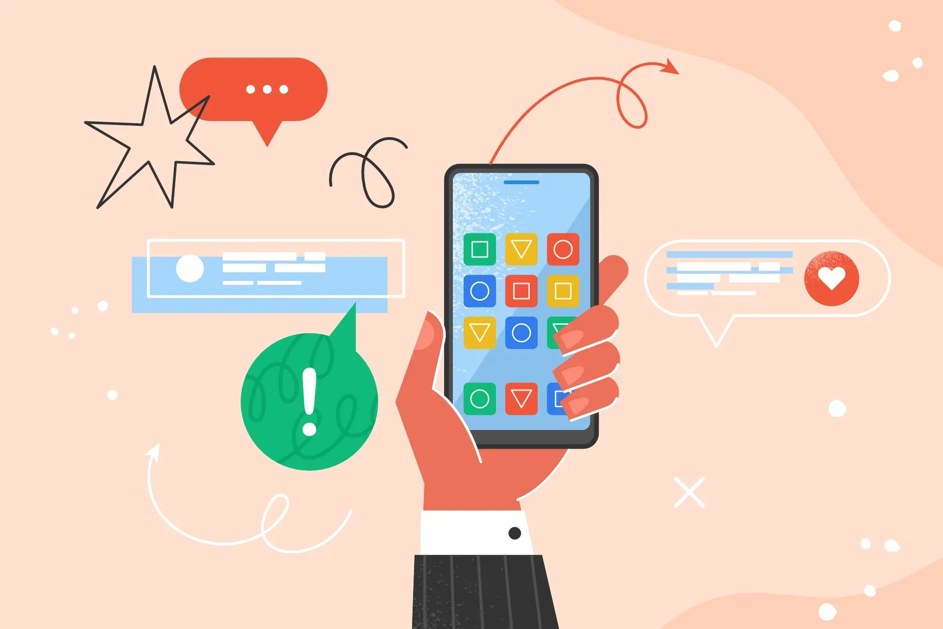 Illustrated hand holding a phone with icons showing social media