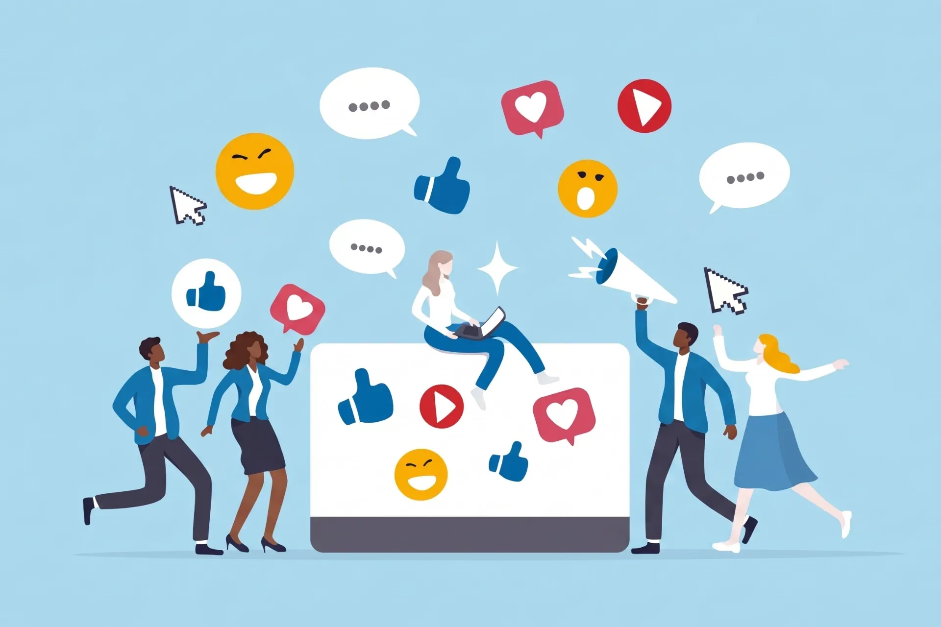 Social media illustration on blue background