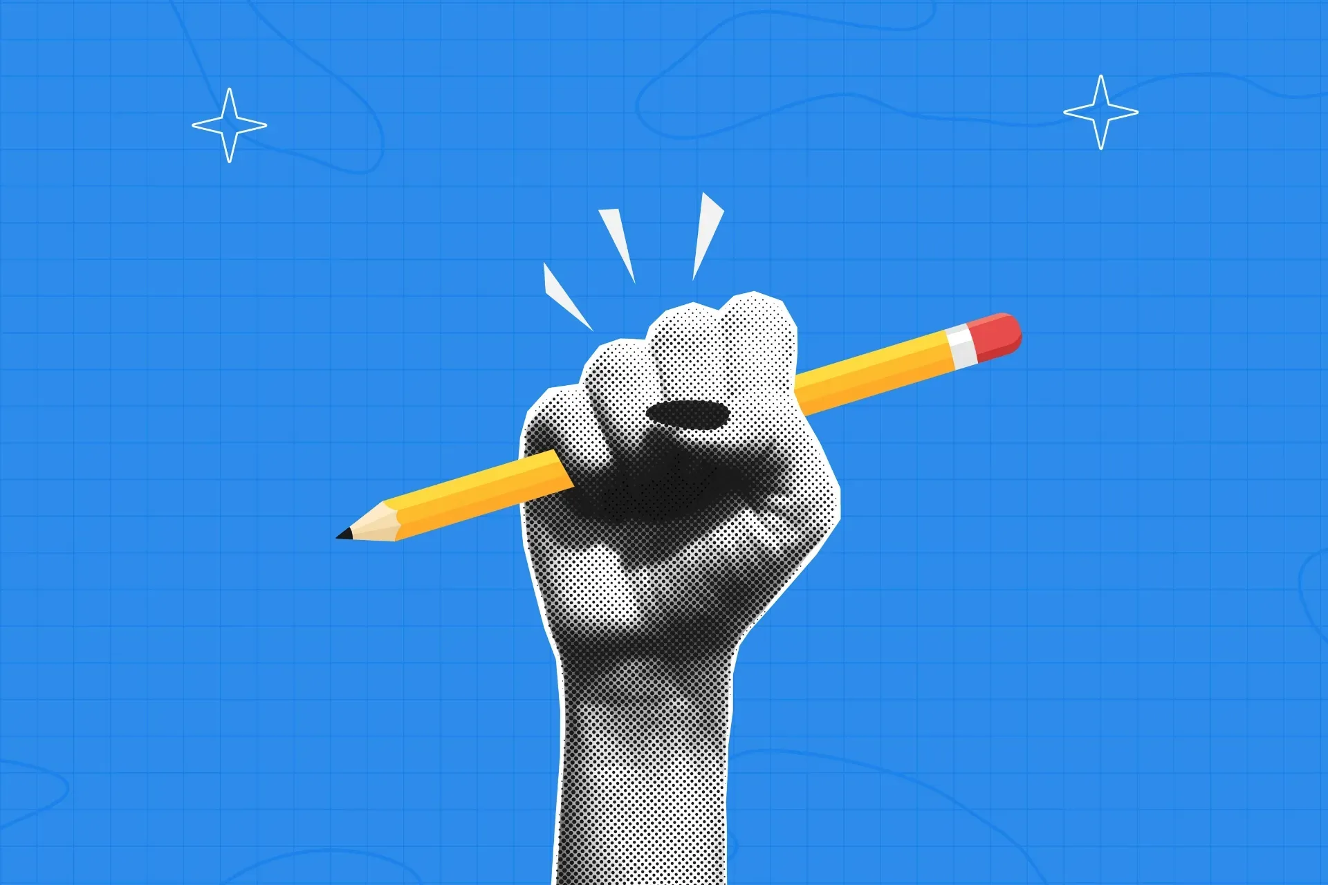 Pencil in a hand on blue background
