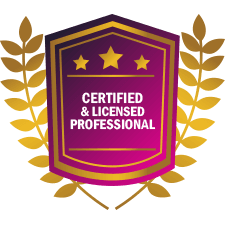 Gold and purple badge with laurel branches. Text reads