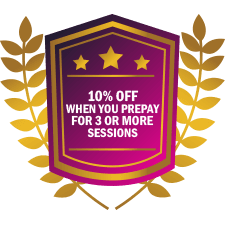 Purple and gold badge with text: