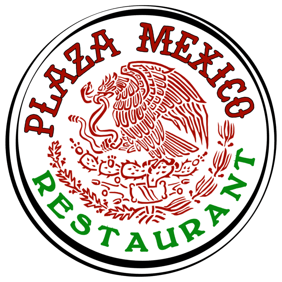 Logo for Plaza Mexico Restaurant, circular with red and green text around a central emblem of the Mexican coat of arms.
