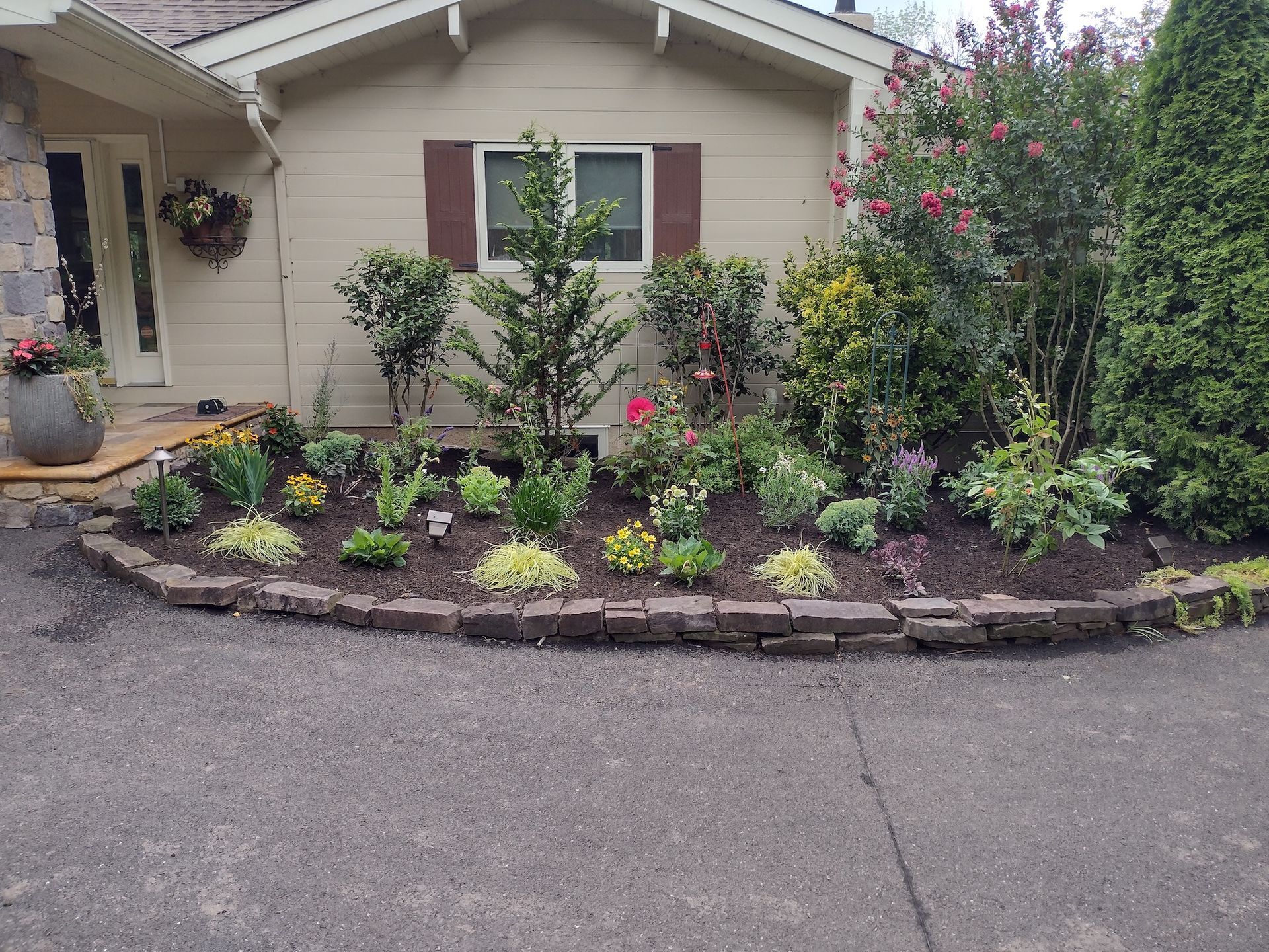 Front yard flower bed with shrubs and pink blooms along a house facade