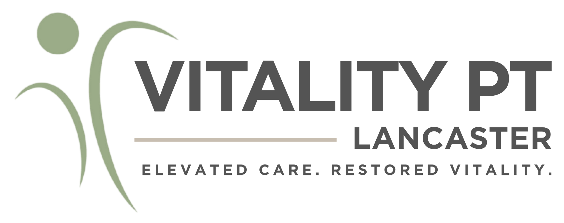 Vitality PT Lancaster logo with green figure and gray text, “Elevated care. Restored vitality.”