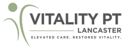 Vitality PT Lancaster logo with green abstract figure and gray text, &ldquo;Elevated Care. Restored Vitality.&rdquo;