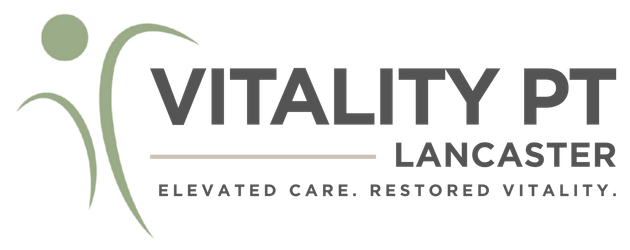 Vitality PT Lancaster logo with green abstract figure and gray text, &ldquo;Elevated Care. Restored Vitality.&rdquo;