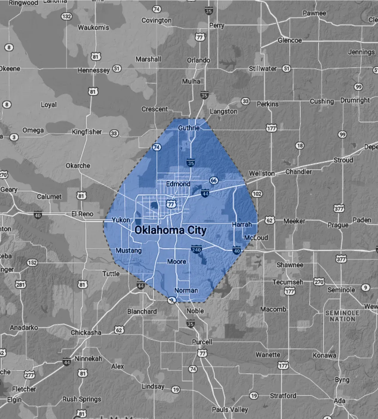 A black and white map of oklahoma city