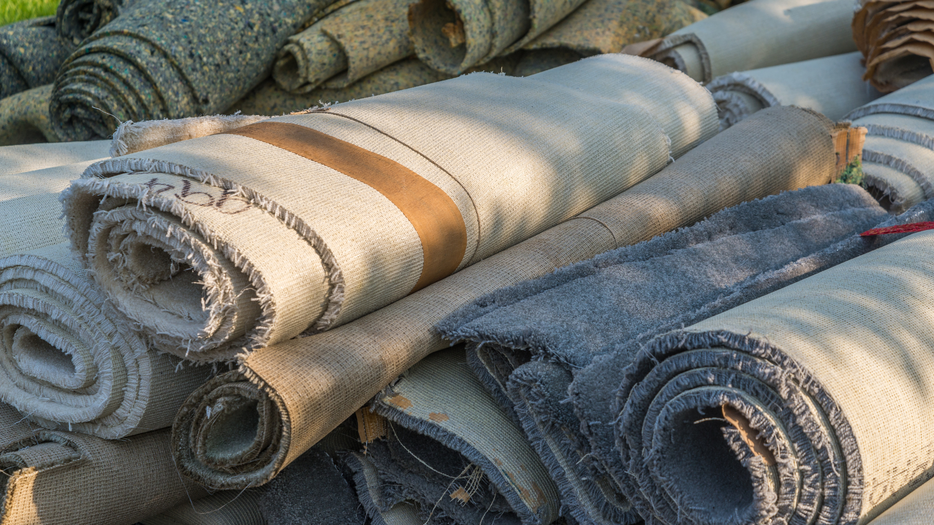 A pile of carpets rolled up on top of each other on a table.