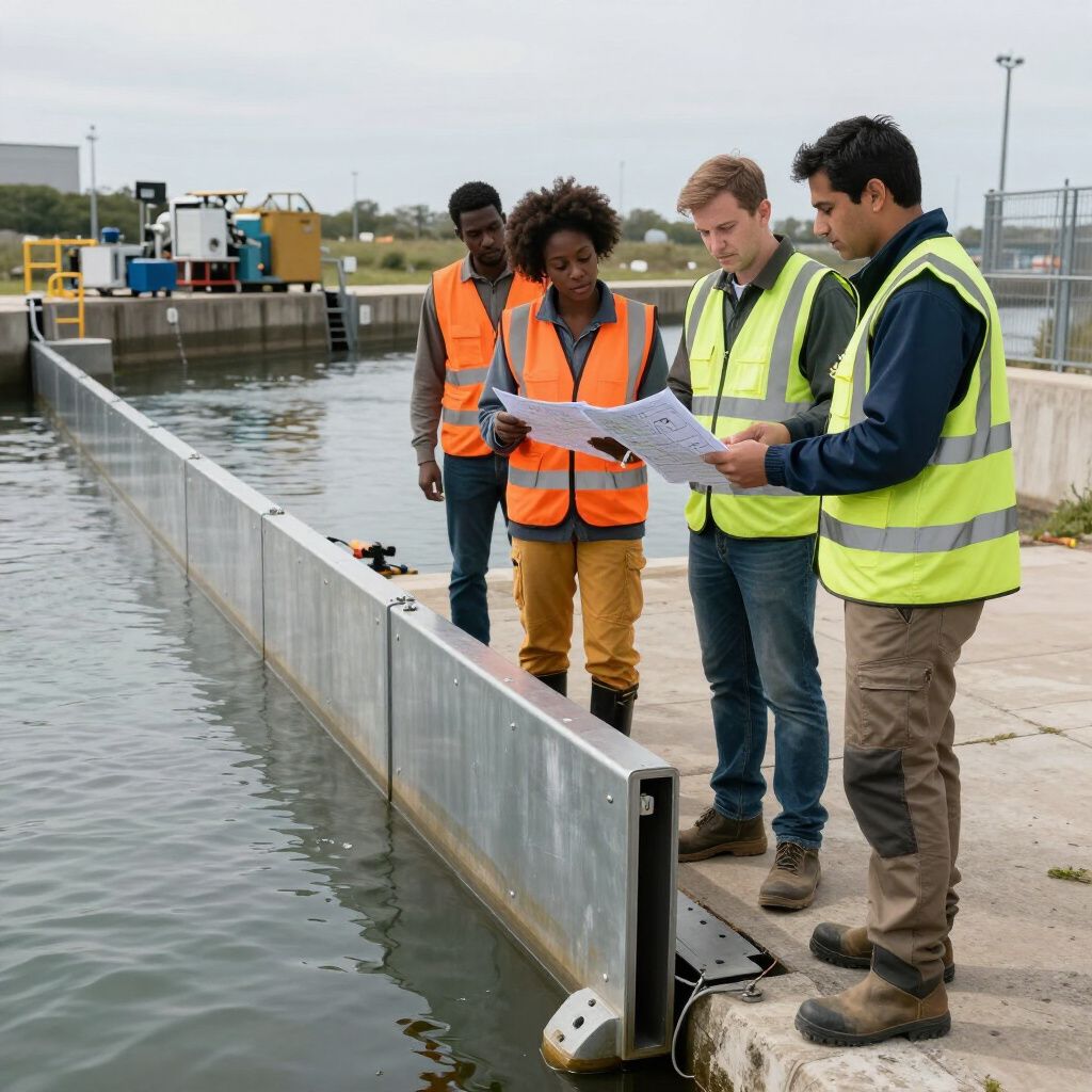 Vier personen in veiligheidsvesten bestuderen bouwtekeningen in de buurt van een waterpartij en een metalen afscheiding.