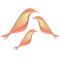 A stylized graphic of three birds in flight, colored in a gradient of soft peach, yellow, and light purple.