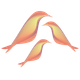 A stylized graphic of three birds in flight, colored in a gradient of soft peach, yellow, and light purple.