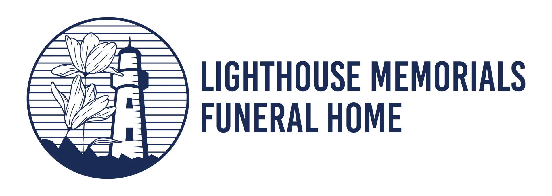 Lighthouse Memorials Funeral Home logo with lighthouse icon in blue and white