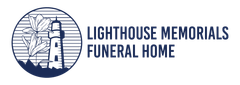 Lighthouse Memorials Funeral Home logo with lighthouse icon in blue and white