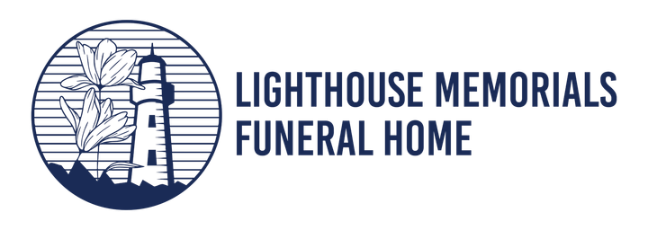 Lighthouse Memorials Funeral Home logo with blue lighthouse and dark blue text on white background