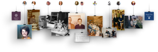 A hanging photo collage of vintage black-and-white and color family snapshots on a white wall.