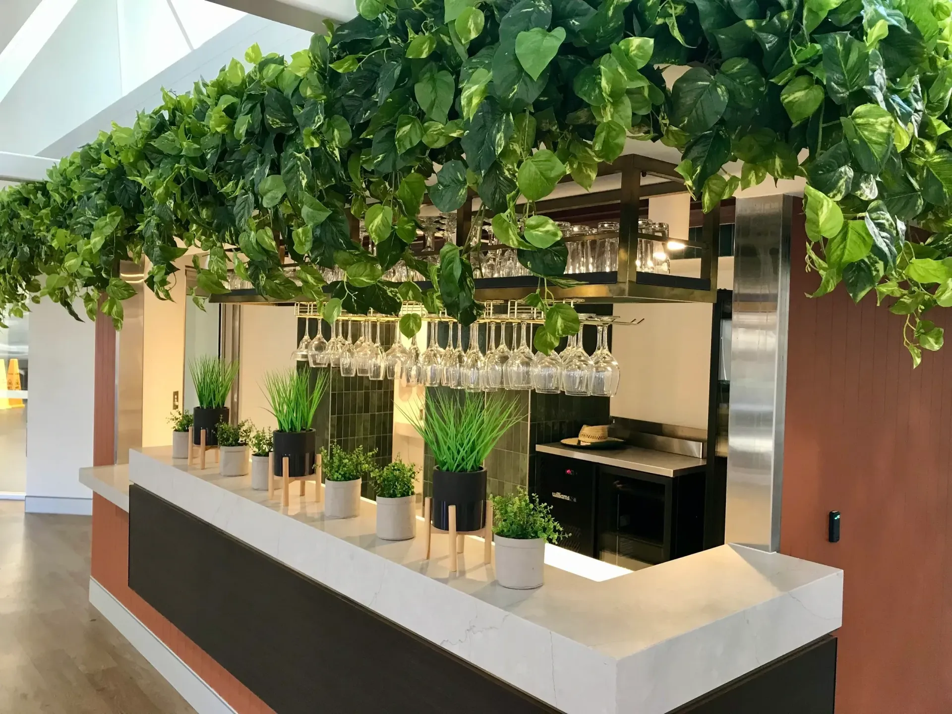 A Bar Surrounded with wine glasses and artificial plants  — Byron Bay Carpentry and Construction In Suffolk Park, NSW