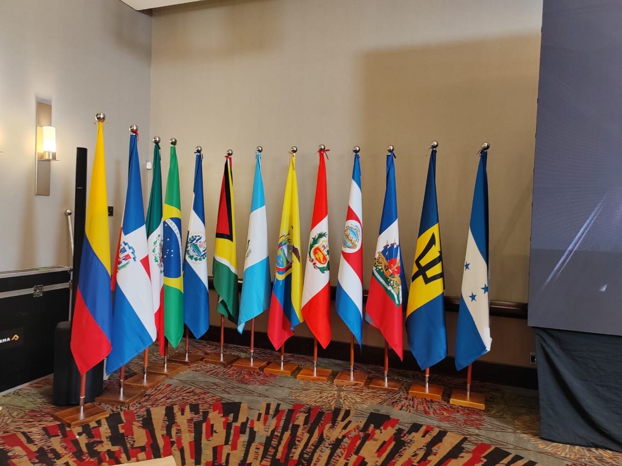 Hilera de coloridas banderas nacionales sobre soportes en el vestíbulo de un hotel o centro de conferencias.