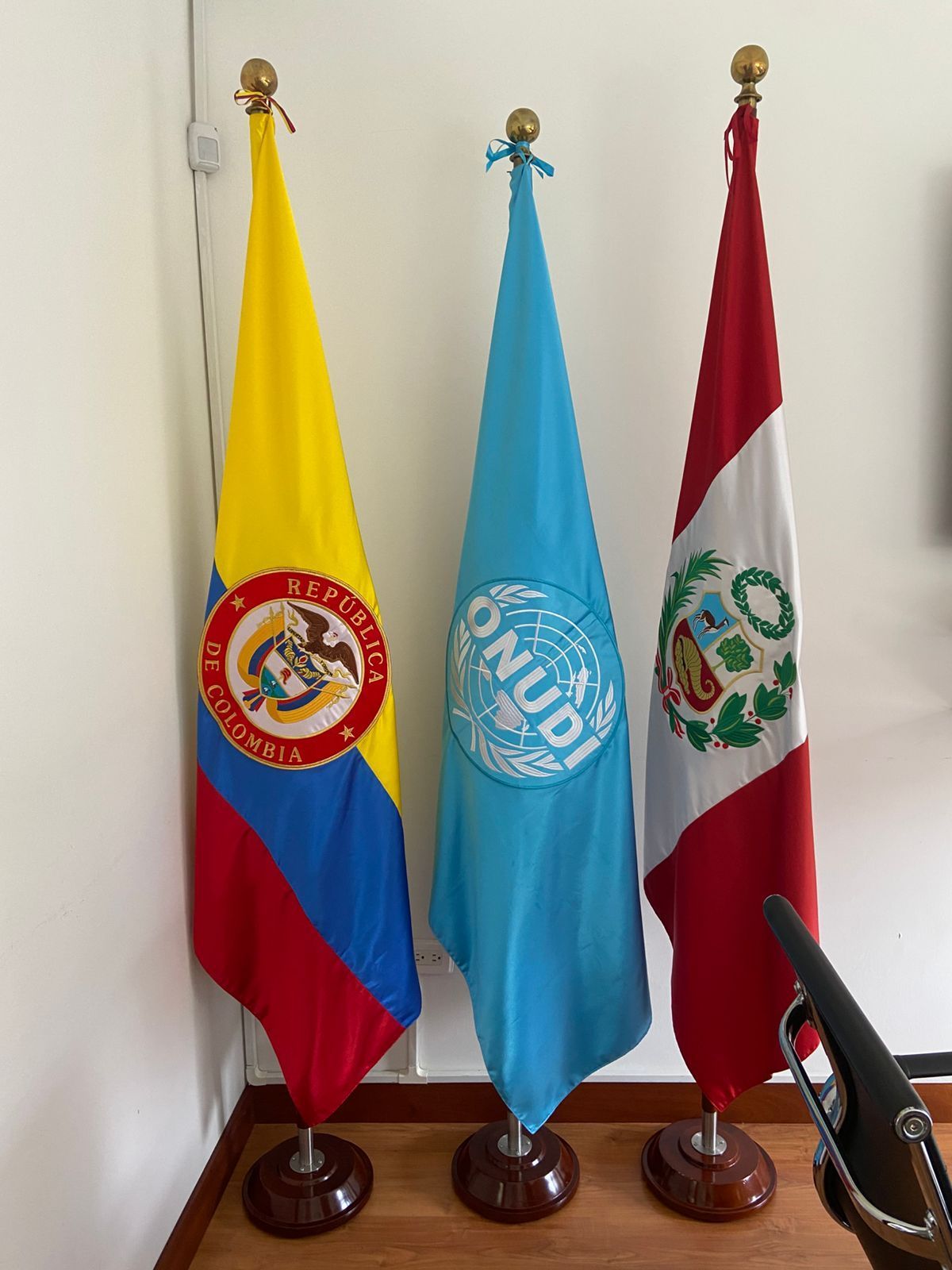 Three standing flags on wooden bases: Colombia, the UN, and Peru in a hallway.