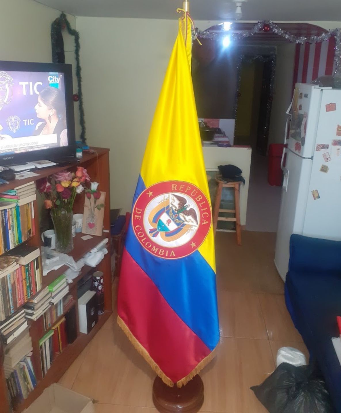 Colombian flag displayed indoors in a cluttered living room with bookshelf and TV.