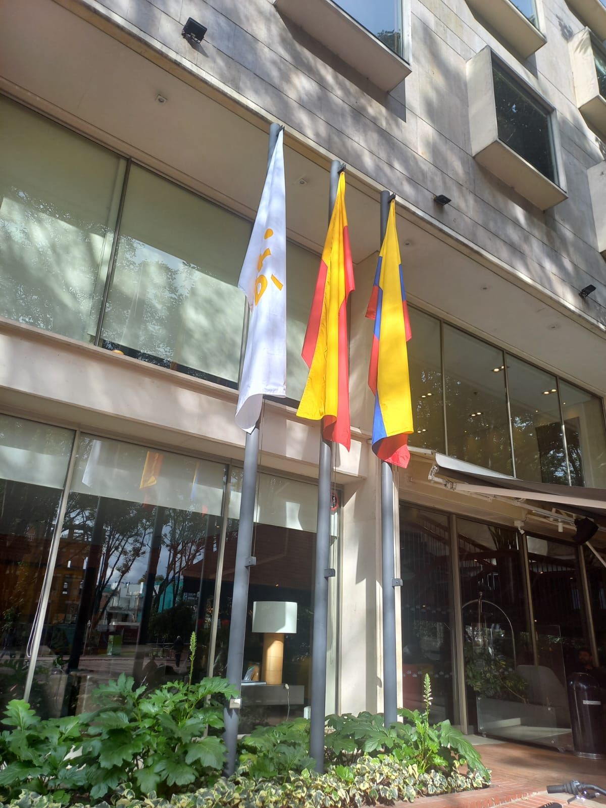Office building entrance with three flags on poles and greenery by the glass doors