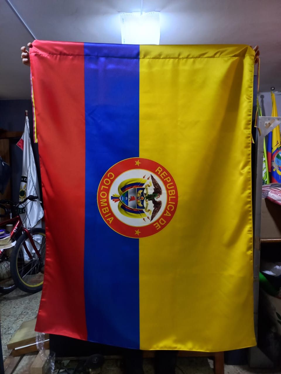 Vertical tricolor flag in red, blue, and yellow with a circular emblem centered on it, hanging indoors