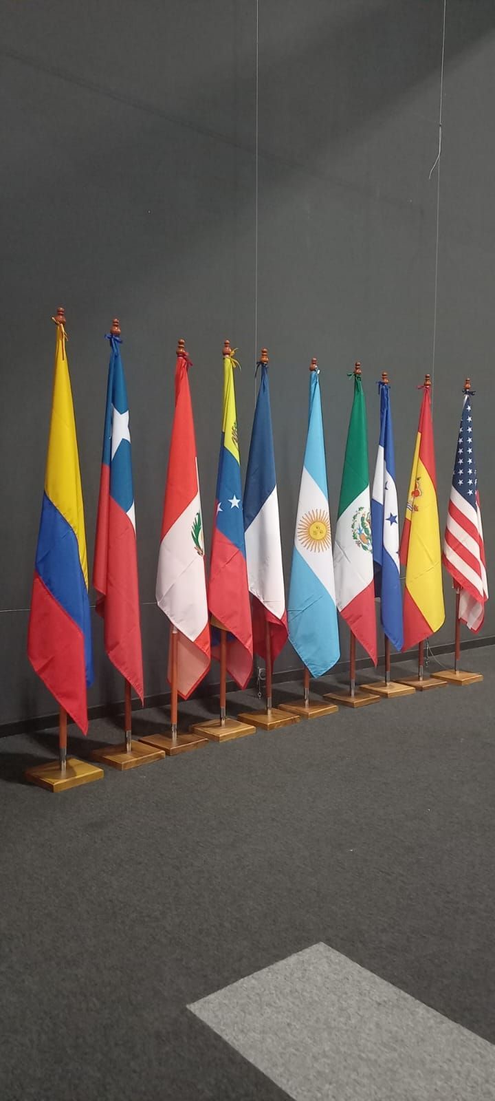 Hilera de coloridas banderas nacionales sobre soportes junto a una pared gris en un pasillo.