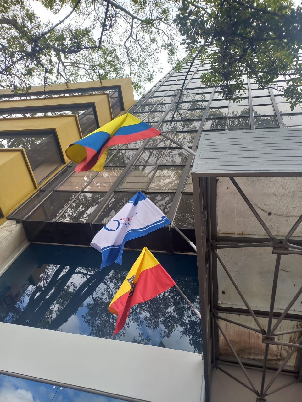 Tres banderas ondeando en el exterior de un edificio con fachada de vidrio y metal.