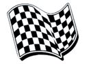 A black and white checkered racing flag waving.
