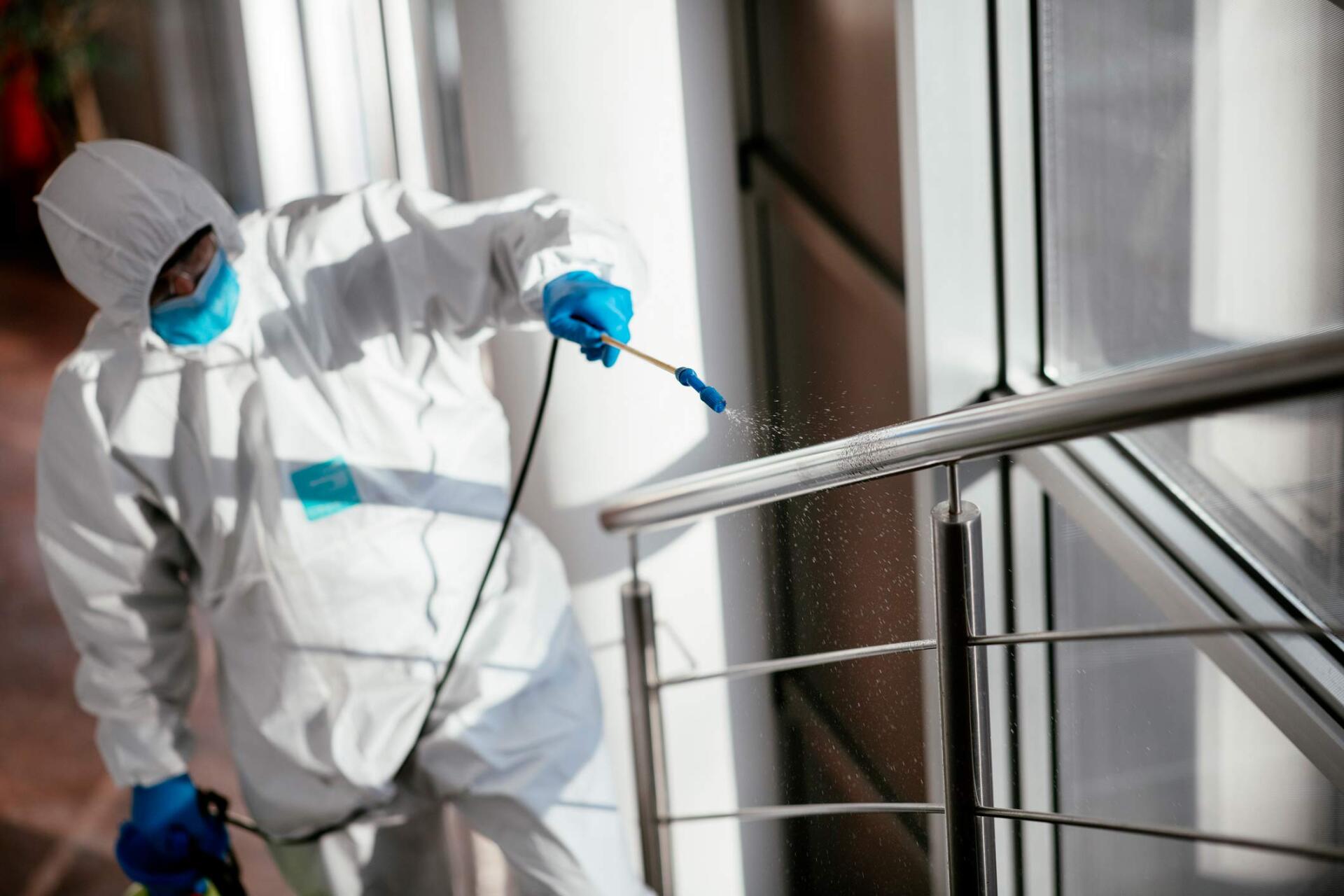Man In Protective Suit Disinfecting Steps — Hammonton, NJ — Team Termite & Pest Control