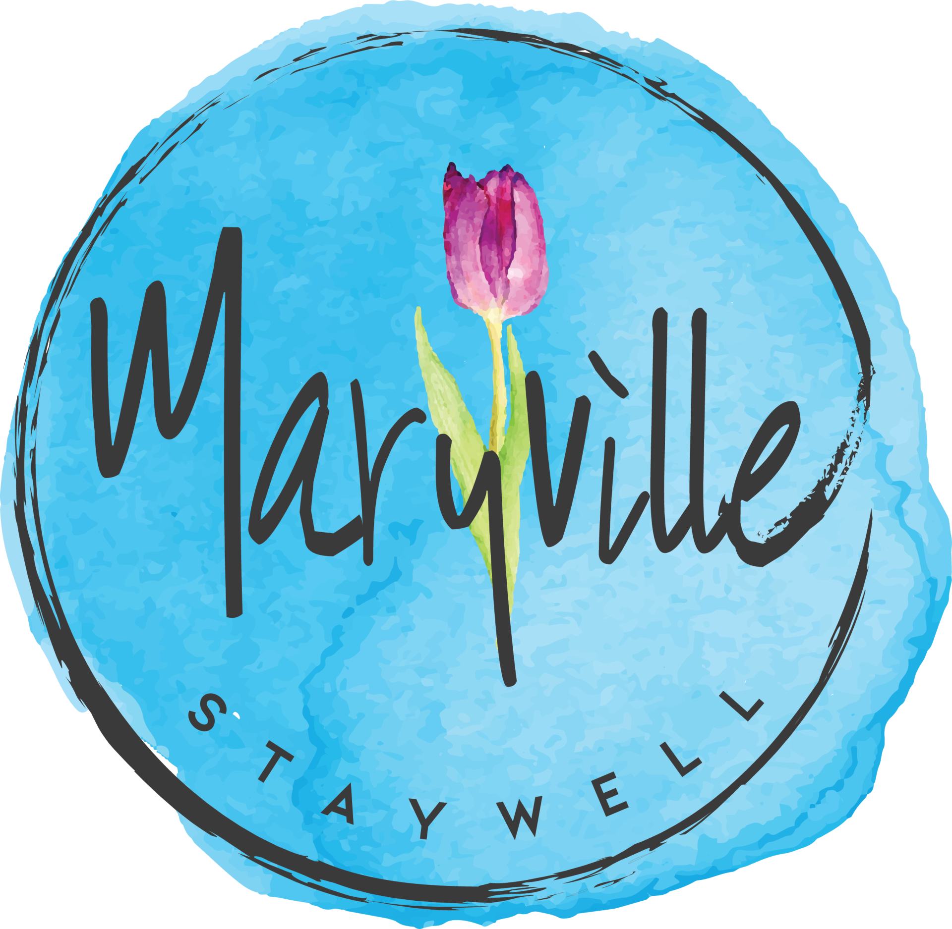 Maryville Staywell logo with a pink tulip on a blue watercolor circle background