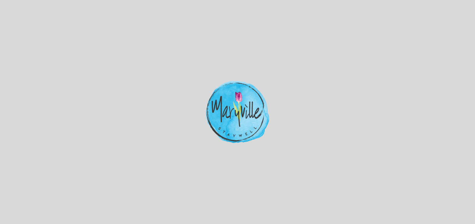 Blue circular logo with stylized text centered on a light gray background