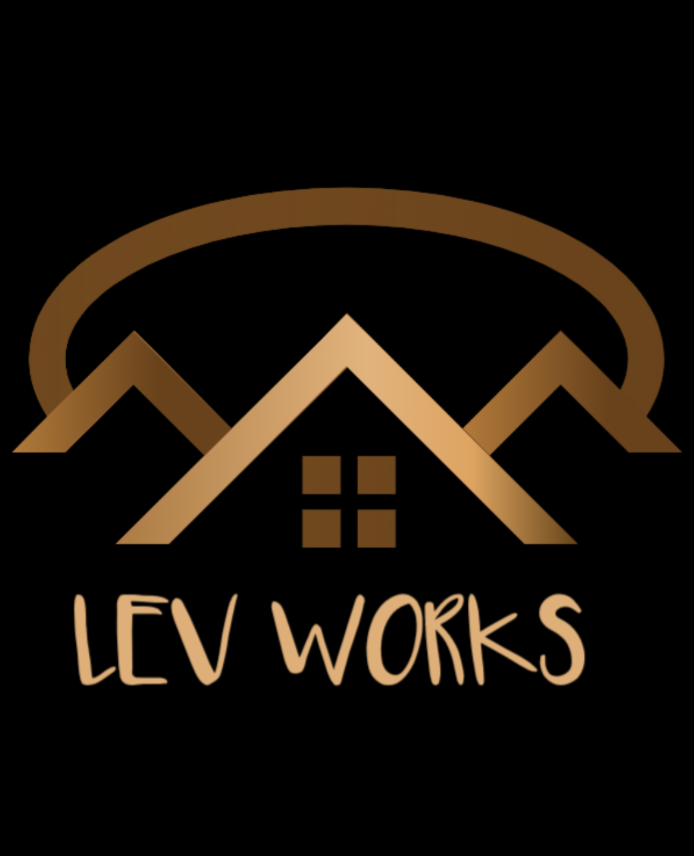 Logo for Lev Works, with a house outline in brown, a brown arc above, and text &ldquo;LEV WORKS&rdquo; below, on a black background.