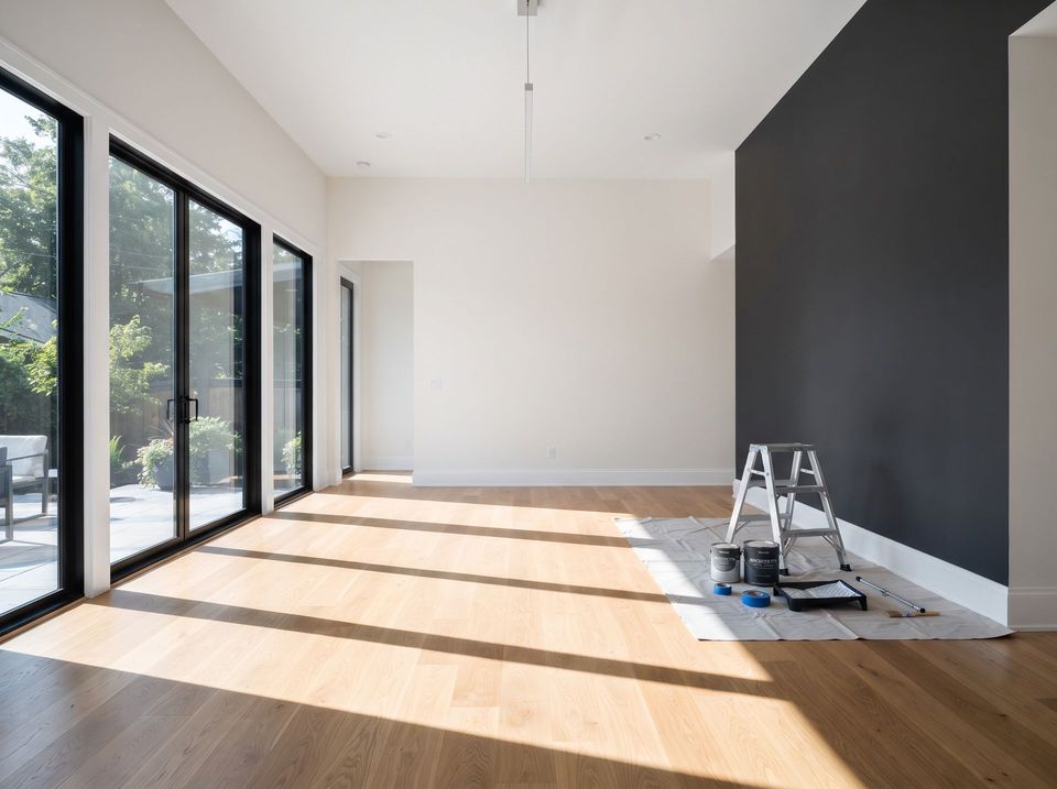 Bright empty room with wood floors, black accent wall, and large glass doors, with a ladder and paint tools.