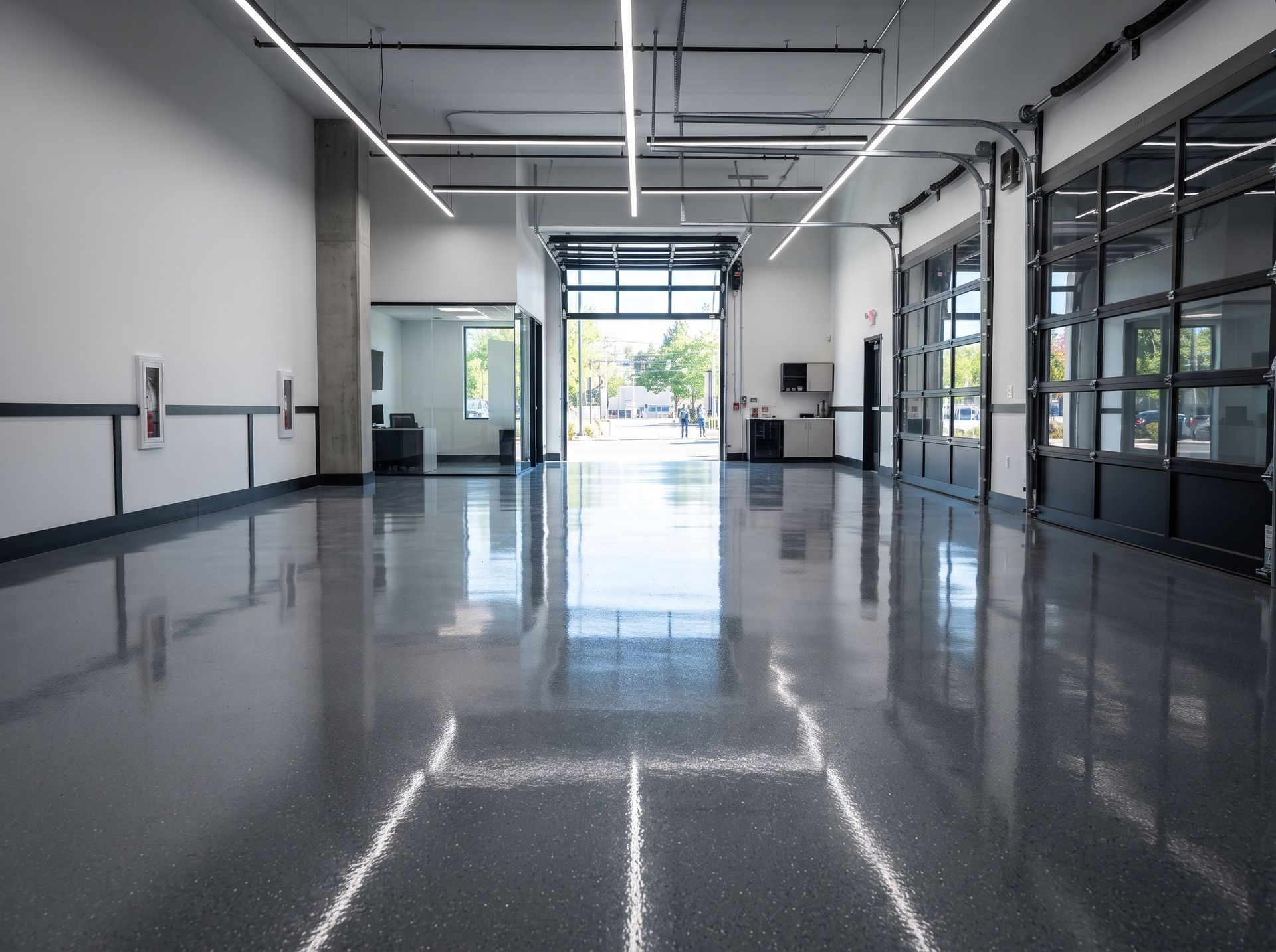 Empty industrial garage with polished concrete floor and open bay doors