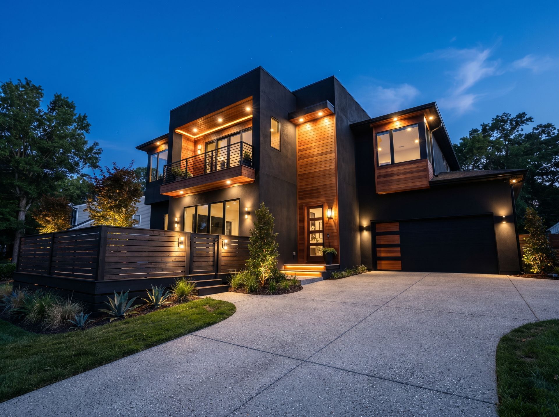 Modern two-story house with warm interior lights, stone facade, and a sloped driveway at dusk