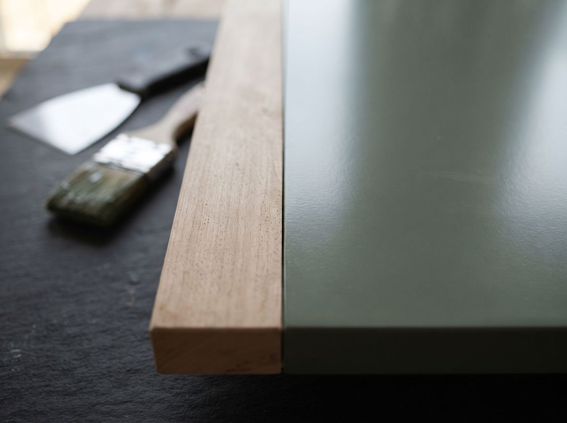 Wooden tabletop edge beside a dark green glass or laminate surface, with a paintbrush blurred in the background