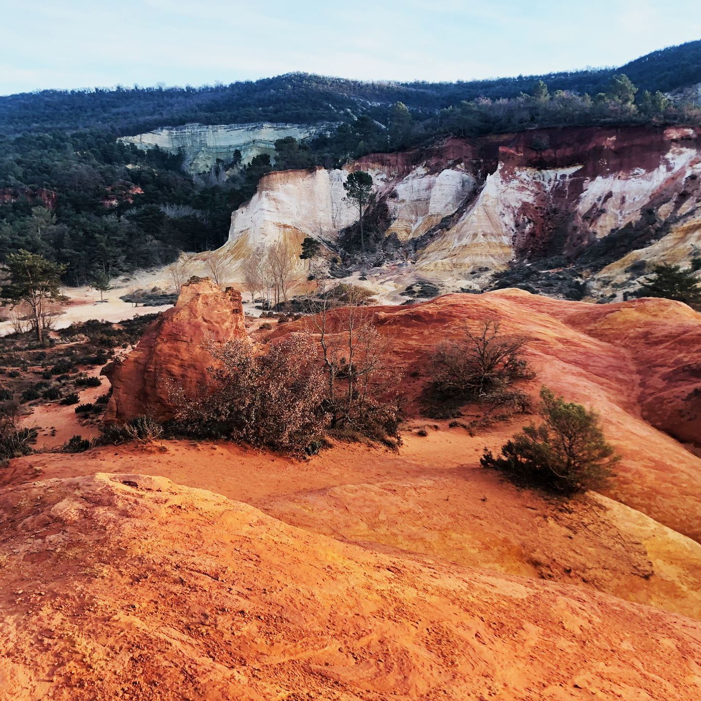 Falaises orangées érodées au pied d'une colline boisée sous un ciel nuageux