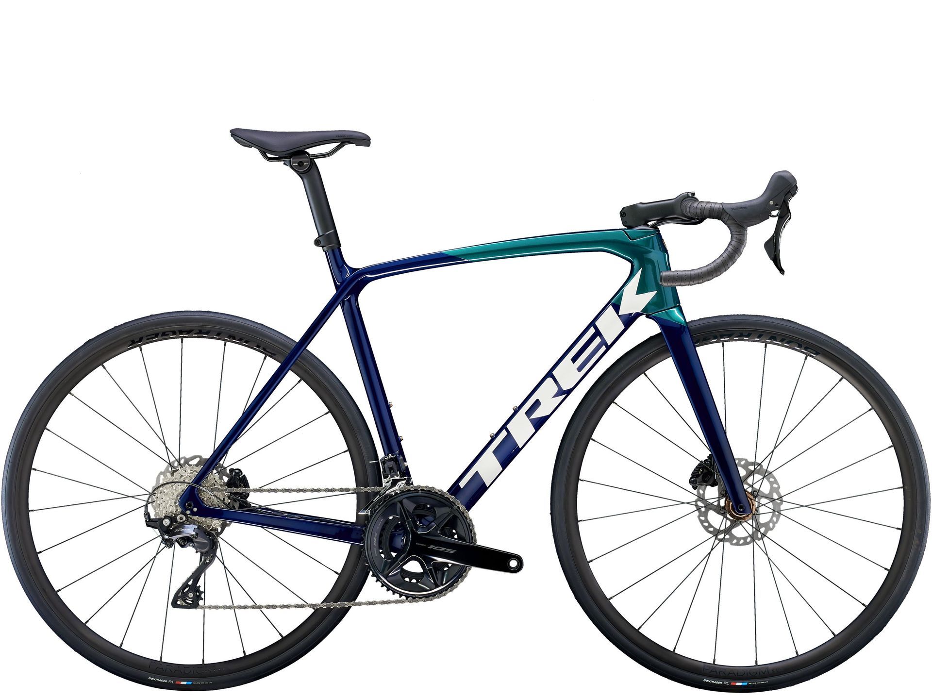 Vélo de route bleu et turquoise sur fond blanc