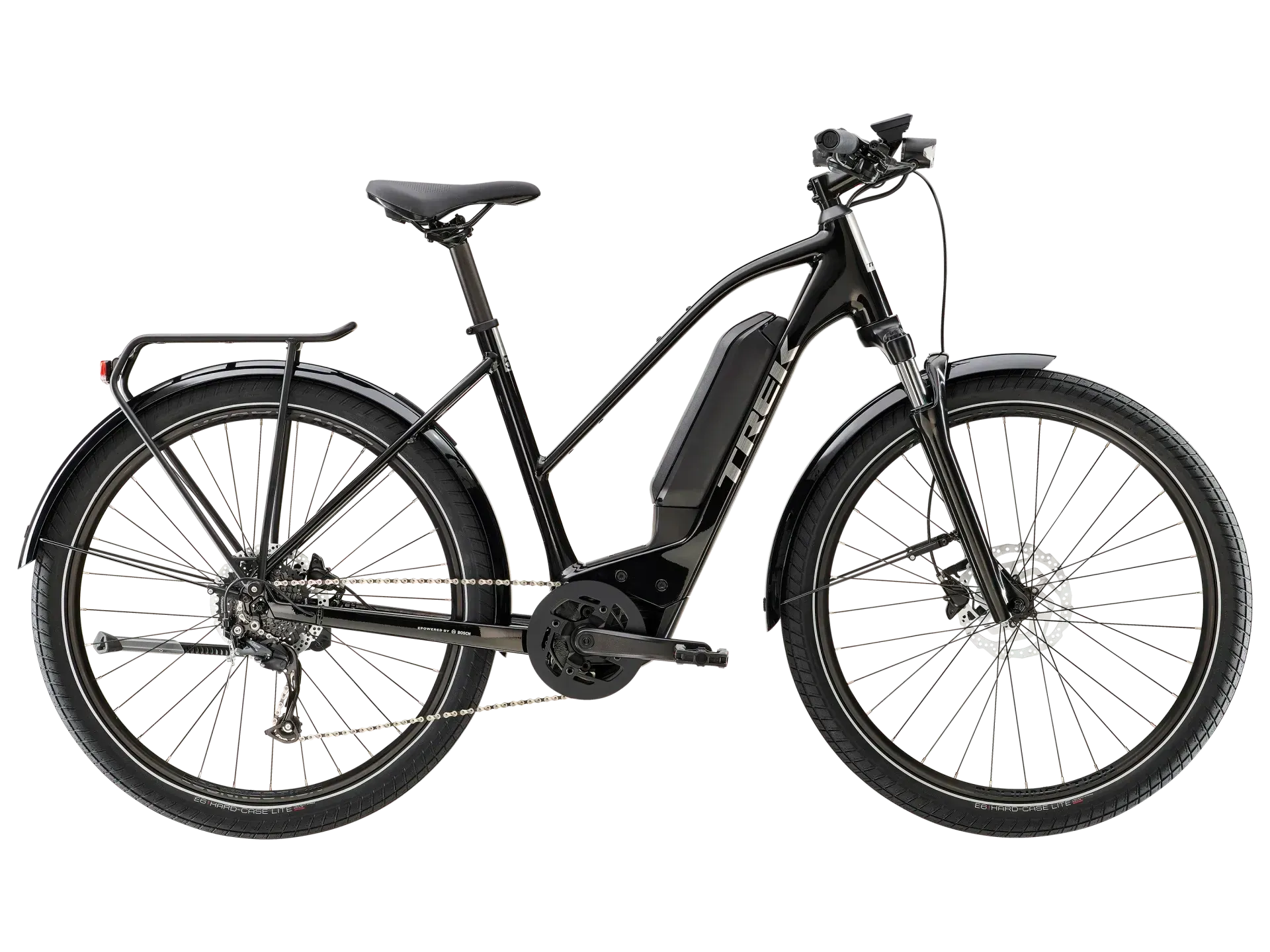 Vélo électrique noir vu de profil sur fond blanc.
