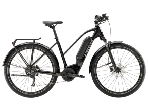 Vélo électrique noir vu de profil sur fond blanc.