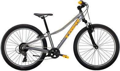VTT argenté et noir avec des touches orange sur fond blanc